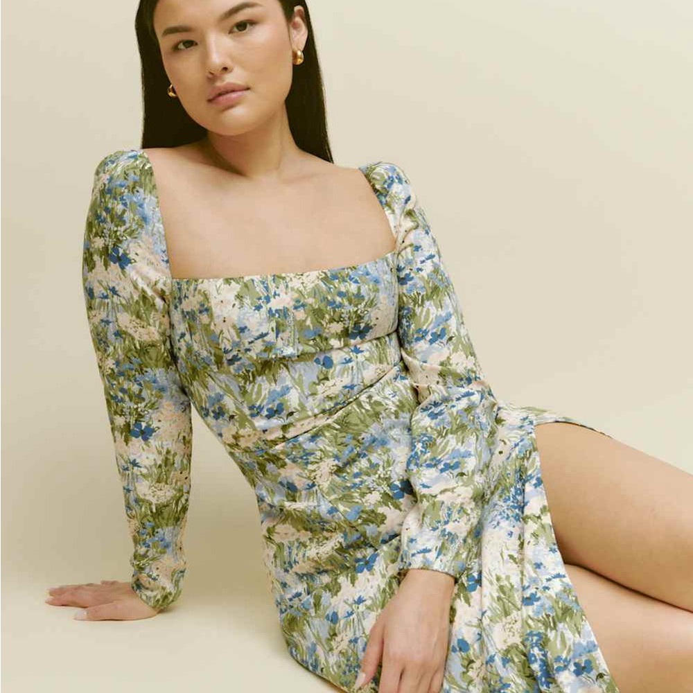 Reformation Long Sleeve Floral Dress in Green and Blue